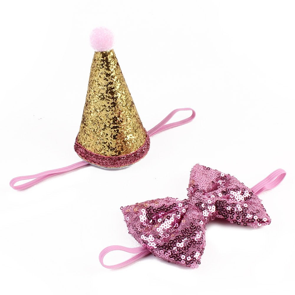 Stock Show Pet Cute Birthday Party Cone Hat and Bow tie Collar Set with Adjustable Headband and Pom-poms Topper for Small Medium Dogs Cats Pets (Pink)