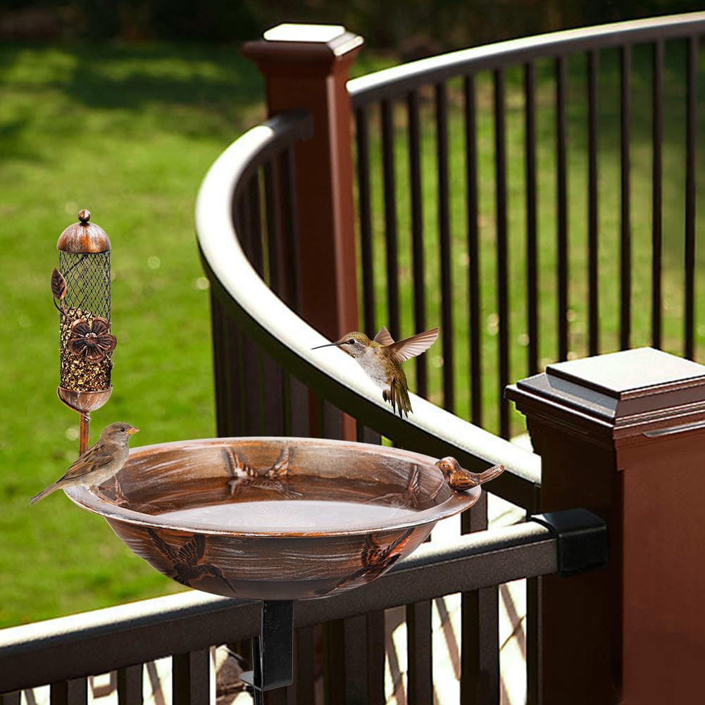 DREAMSOUL Deck Bird Bath with Feeder, 13" Bird Bath for Outside with Adjustable Sturdy Steel Clamp, Metal Birdbath Bowl for Railing Balcony Patio Decor