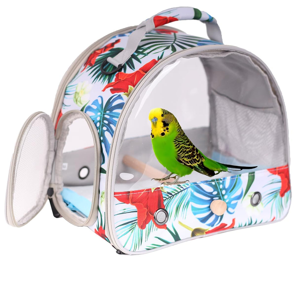 ORIZZP Portable Small Bird Travel Carrier Cage with Stand Perch, Bird Carrier to Carry Parakeet Budgies Parrot Cockatiel Conure Outdoor, Front Clear Window with Floral Printing