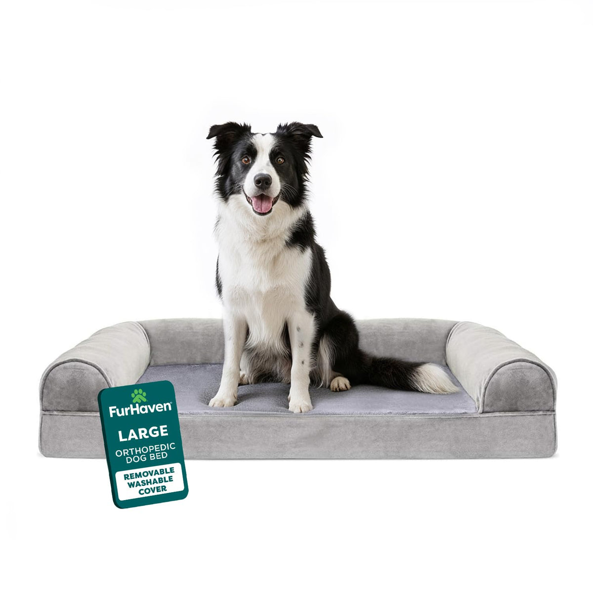 Furhaven Orthopedic Dog Bed for Large/Medium Dogs w/ Removable Bolsters & Washable Cover, For Dogs Up to 55 lbs - Faux Fur & Velvet Sofa - Dark Sage, Large