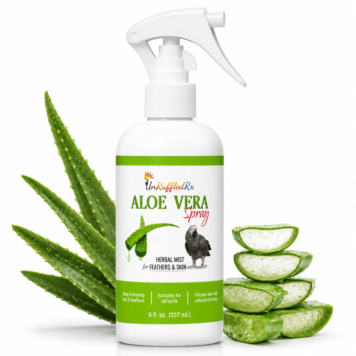 UnRuffledRx Aloe Vera Bird Spray for Parrots | Gentle Daily Support for Itchy Skin, Scratching, Dry Feathers & Feather Comfort | Fragrance Free & Safe if Preened, 8 oz