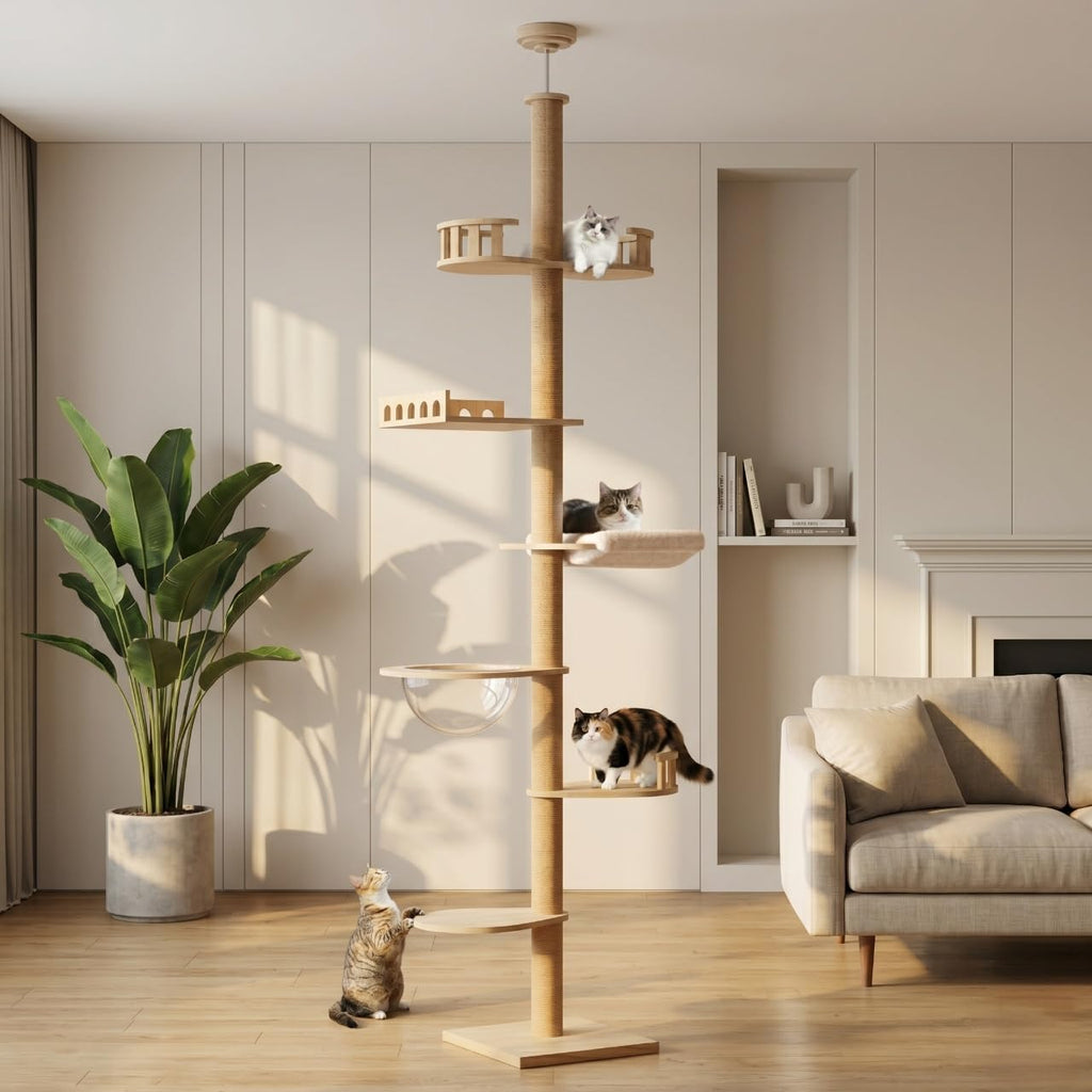 Erinnyees Cat Tree, Floor to Ceiling Cat Tree Height (86-106 in) Adjustable Cat Tower 6 Tier Hemp Scratching Post Cats Activity Center Removable Washable Pads