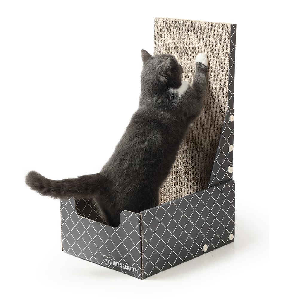 Hide & Scratch Cardboard Cat Scratcher Box & Bed - Dark Grey Diamond (Vertical L-Shaped) | Double-Sided Corrugated Pad for Indoor Cats | Refillable Scratching Board Toy for Play & Furniture Protection