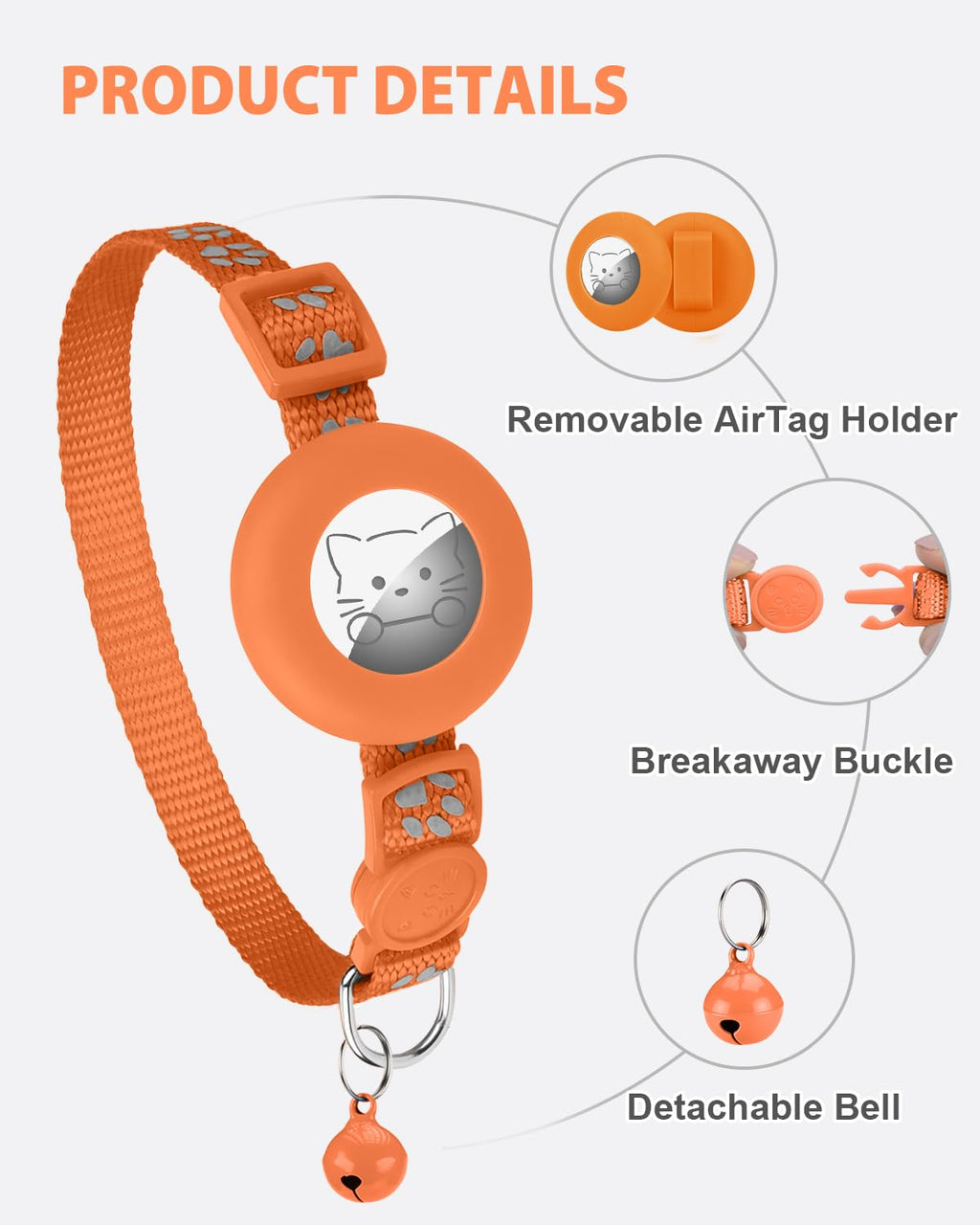 Joytale 2 Pack Reflective Airtag Cat Collars with Breakaway Buckle, Orange