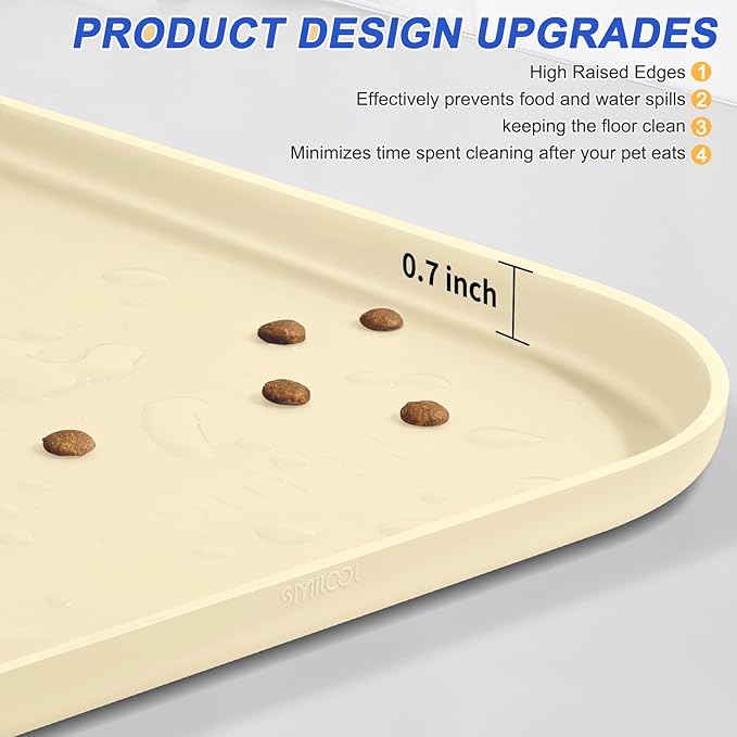 Silicone Pet Feeding Mat with Raised Edge for Food and Water, Dog Bowl Mats, Cat Bowls Placemat with High Lip for Floor Waterproof, Rubber Tray for Cats and Dogs 19 x 12 x 0.7 White Sand (Yellow Cast)