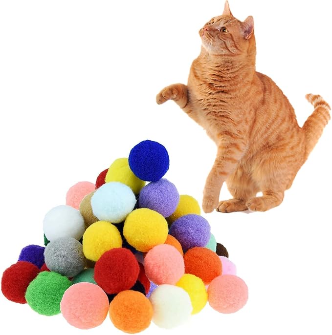 Shizhoo 30 Pcs Soft Pom Pom Balls for Kittens with Cat Ball Launcher Toy, Interactive Plush Toy for Kitten Training and Play - Pet Products for Cats (3.0 CM with Bloster)