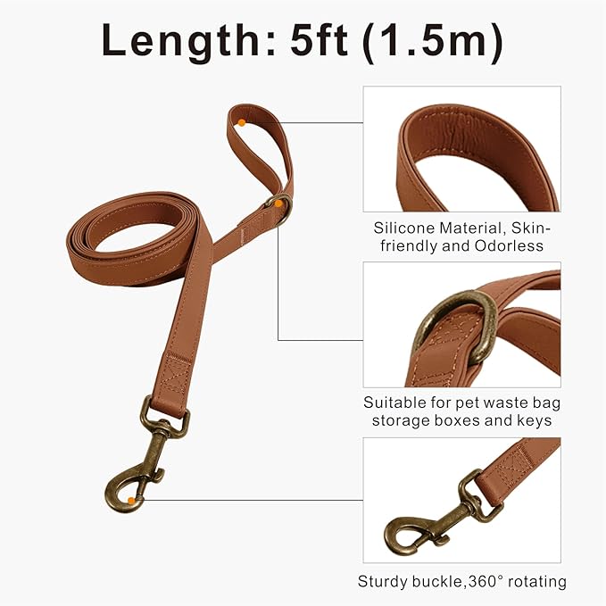 Dog Collar and Leash Set,Leather Silicone Waterproof Odor-Proof Dog Collar and Leash for Medium Dogs, Soft Flexible Dog Collars, Durable Thick Adjustable Pet Collar (Brown, Medium (12.5-20" Neck))