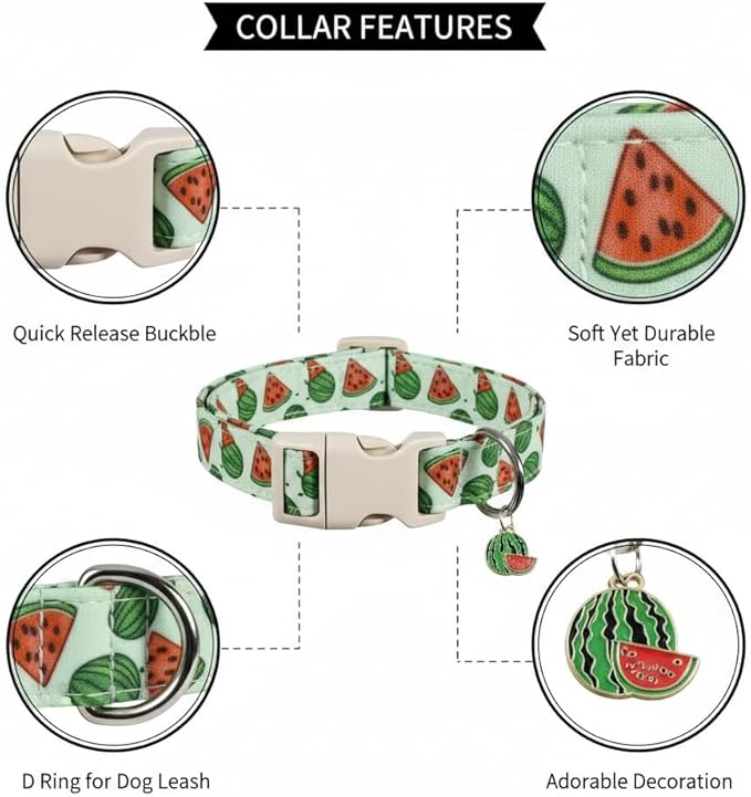 Britwicfr Summer Dog Collar for Medium Dogs, Cute Dog Collar with Watermelon Pattern and Pendant, Green Pet Collar with Soft Cotton Fabric and Robust Buckle