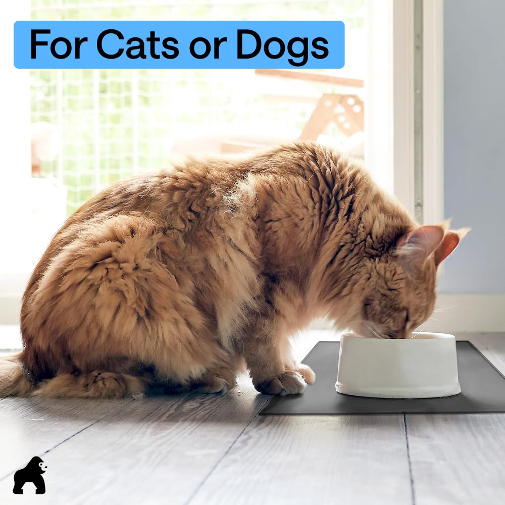 GORILLA GRIP 100% Waterproof Raised Edge BPA Free Silicone Pet Feeding Mat, Dog Cat Food Mats Contain Spills Protects Floors, Placemats for Cats and Dogs Water Bowl, Pets Accessories 16x10, Charcoal