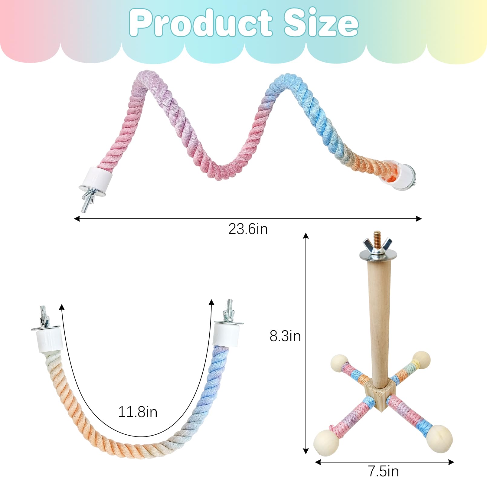 BNOSDM Bird Rope Perch with Stand Perch Toy Set Bendable Rope Perches Wooden Spinning Exercise Wheel Toy Parrot Cage Accessories for Parakeets, Conures, Lovebirds, Budgies, Cockatiels (Rainbow Color)