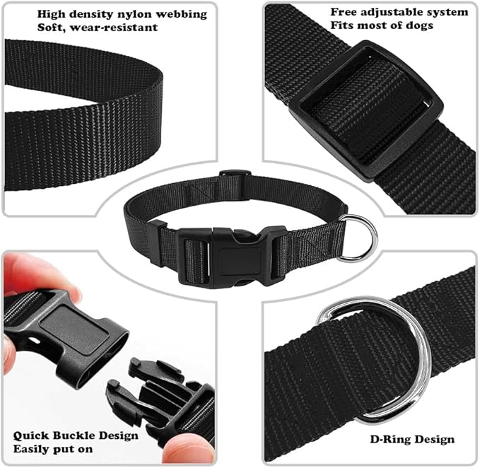PENSEEPET Dog Collar Black Basic Adjustable Dog Collars with Breathable Quick Release Nylon Pet Collar for Puppy Small Medium Large Dogs Boy
