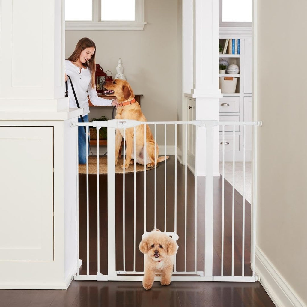 MYPET EasyPass Extra Tall & Wide Walk Thru Pet Gate: 29.75” - 52” Wide Dog Gate with Adjustable Pass-Thru Pet Door; Pressure Mounted, No Tools Needed, 41" Tall, White