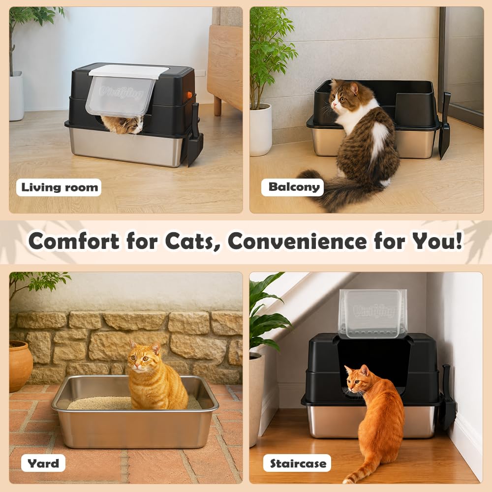 Vivifying XL Stainless Steel Cat Litter Box with Lid, Side Entry, Black