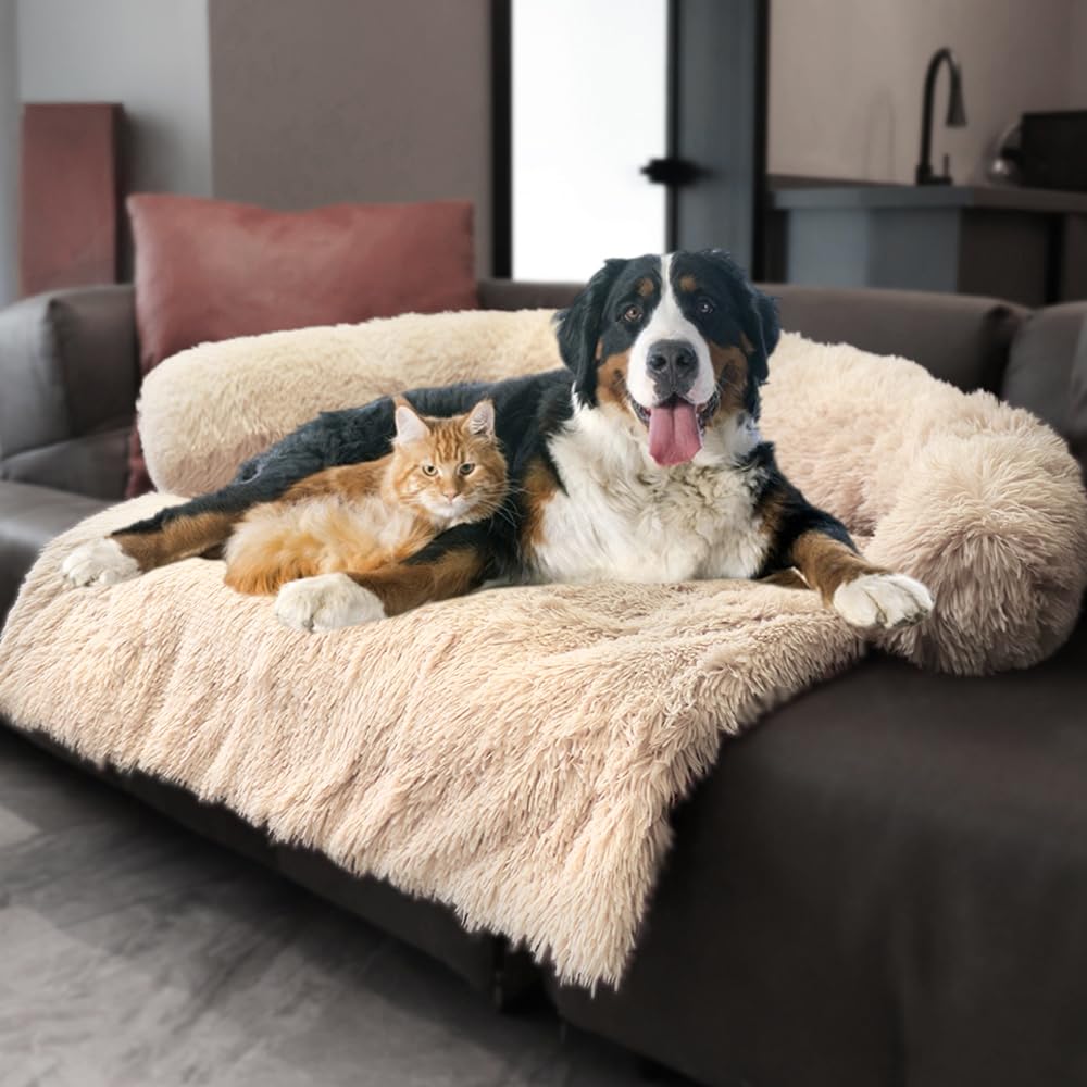 Tinaco Luxurious Calming Dogs/Cats Bed Mats, Dog Pad Washable Removable Couch Cover, Plush Long Fur Mat for Pets, Waterproof Lining, Perfect for Small, Medium and Large Dogs and Cats (Beige, 59"x39")