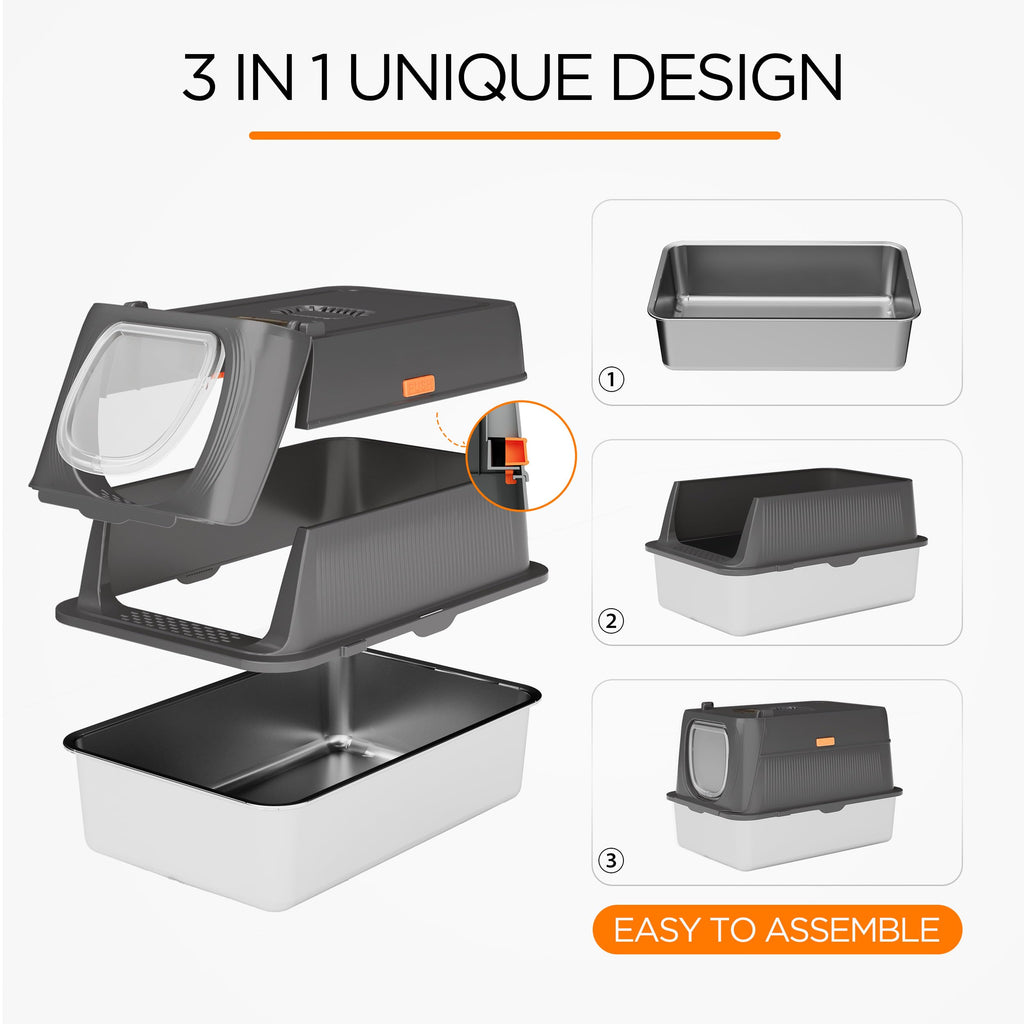 Anywish Stainless Steel Cat Litter Box with Lid, XL Extra Large Enclosed Removable Metal Litter Box with Litter Scoop&Double Layer Litter Mat, Non-Sticky, Non-Odor, for Big Cats Dark Grey