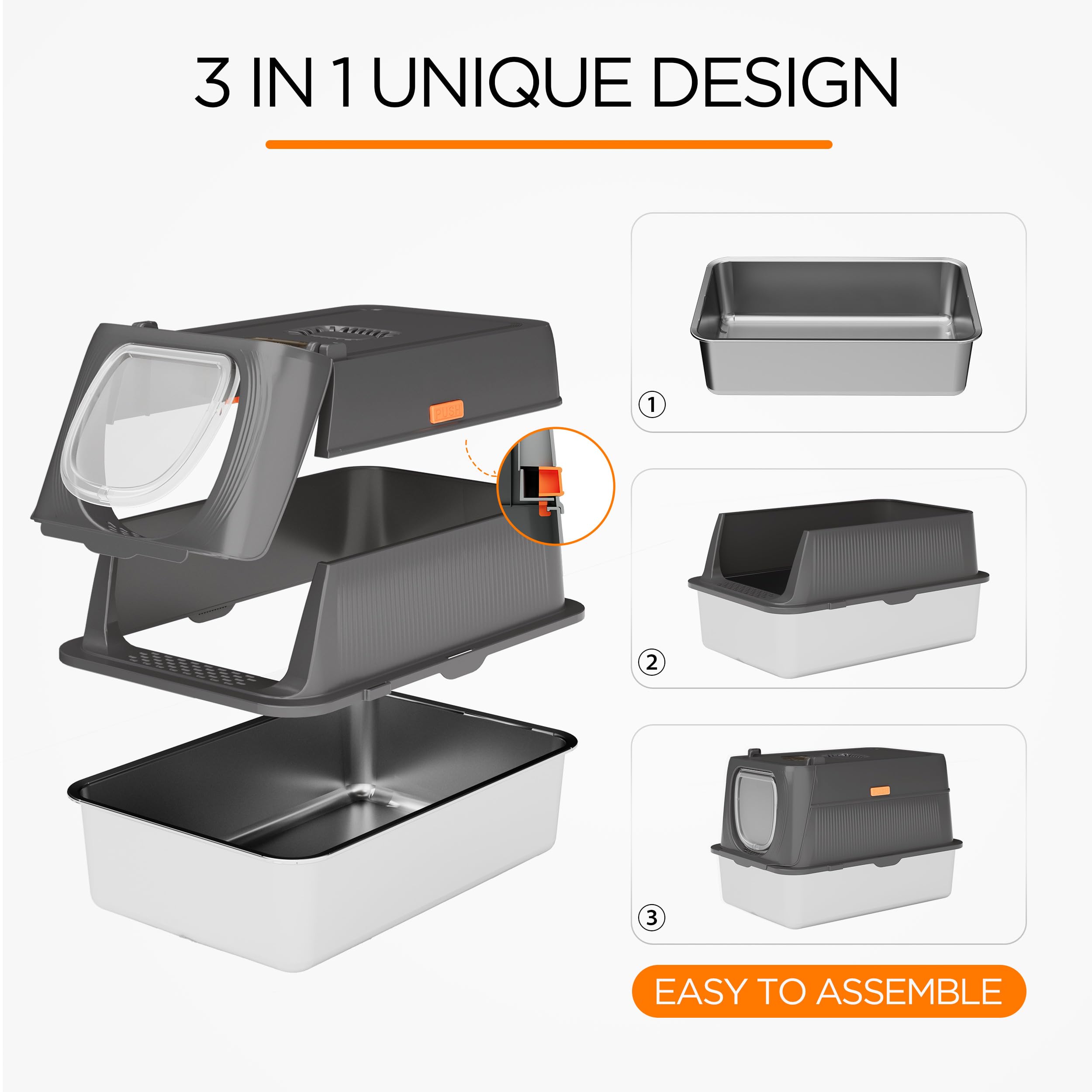 Anywish Stainless Steel Cat Litter Box with Lid, XL Extra Large Enclosed Removable Metal Litter Box with Litter Scoop&Double Layer Litter Mat, Non-Sticky, Non-Odor, for Big Cats Dark Grey