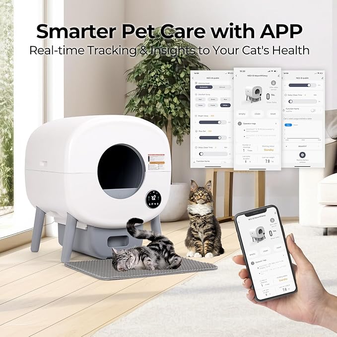 Self Cleaning Cat Litter Box: 76L Extra Large Automatic Litter Box for Multiple Cats, Odor-Free, Smart App Control, Ambient Light Waste Disposal