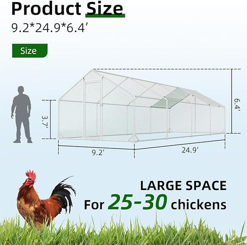 4ever2buy Metal Chicken Coop, 9.5x25 FT Walk-in Chicken Run Pen Poultry Cage, Water-Resistant & Anti-UV Cover, Large Chicken Coop for 25-30 Chickens