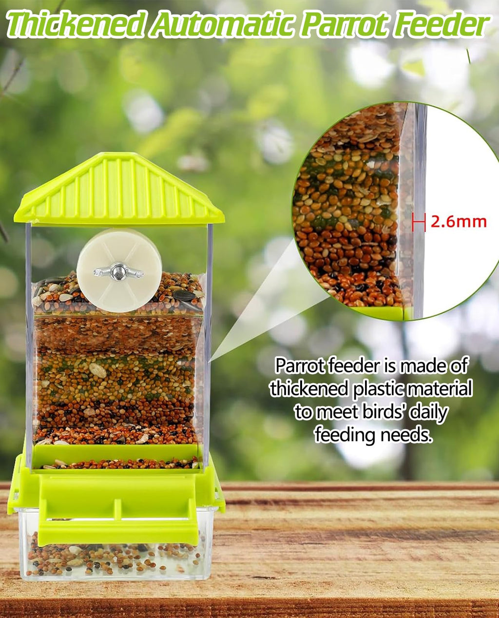 BNOSDM No Mess Automatic Bird Feeder Anti-Splash Bird Feeder Acrylic Transparent Food Container Parrot Cage Accessories for Parakeets Budgies Lovebirds Cockatoos Conures Finches (Green)