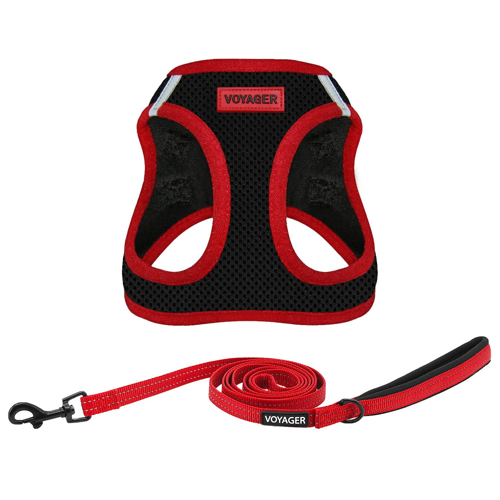 Best Pet Supplies Voyager Step-in Air All Weather Mesh Harness and Reflective Dog 5ft Leash Combo with Neoprene Handle, for Small, Medium and Large Breed Puppies - Red Trim, Medium