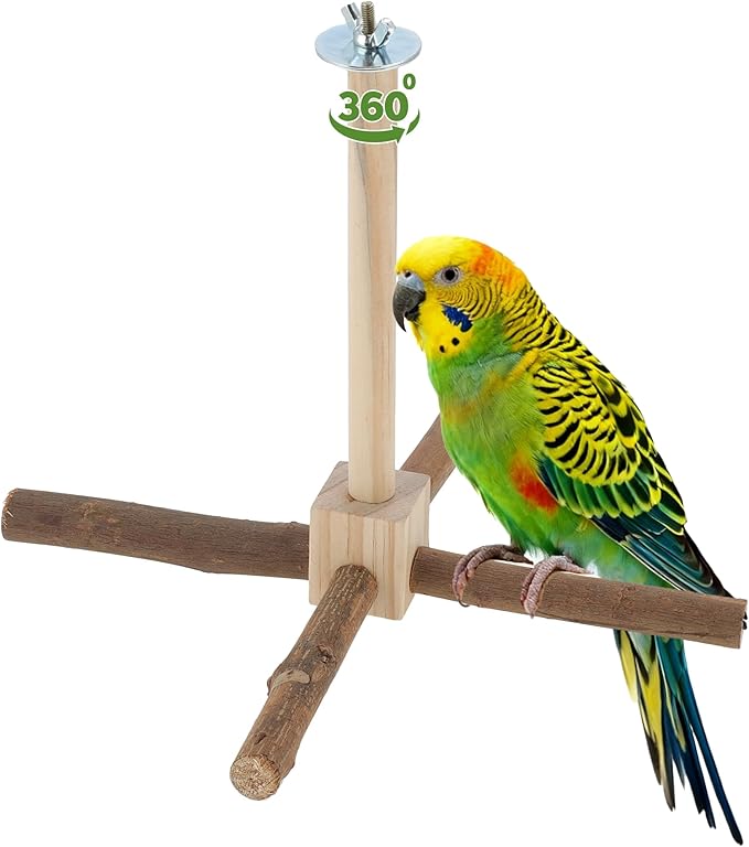 RENEWREVITAL Rotating Bird Perches, Natural Wooden Perch with Chew Toy, Bird Toys for Small & Medium Birds, Natural Wood Color, 1 Set