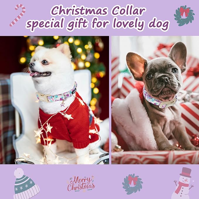 Astdogio Winter Wonderland Dog Collar for Small Dogs，Adjustable White Puppy Collar with Purple Pink Teal Pine Tree, Deer and Cabin Line Art, for Daily Walks, Photos & Seasonal Adventures - M