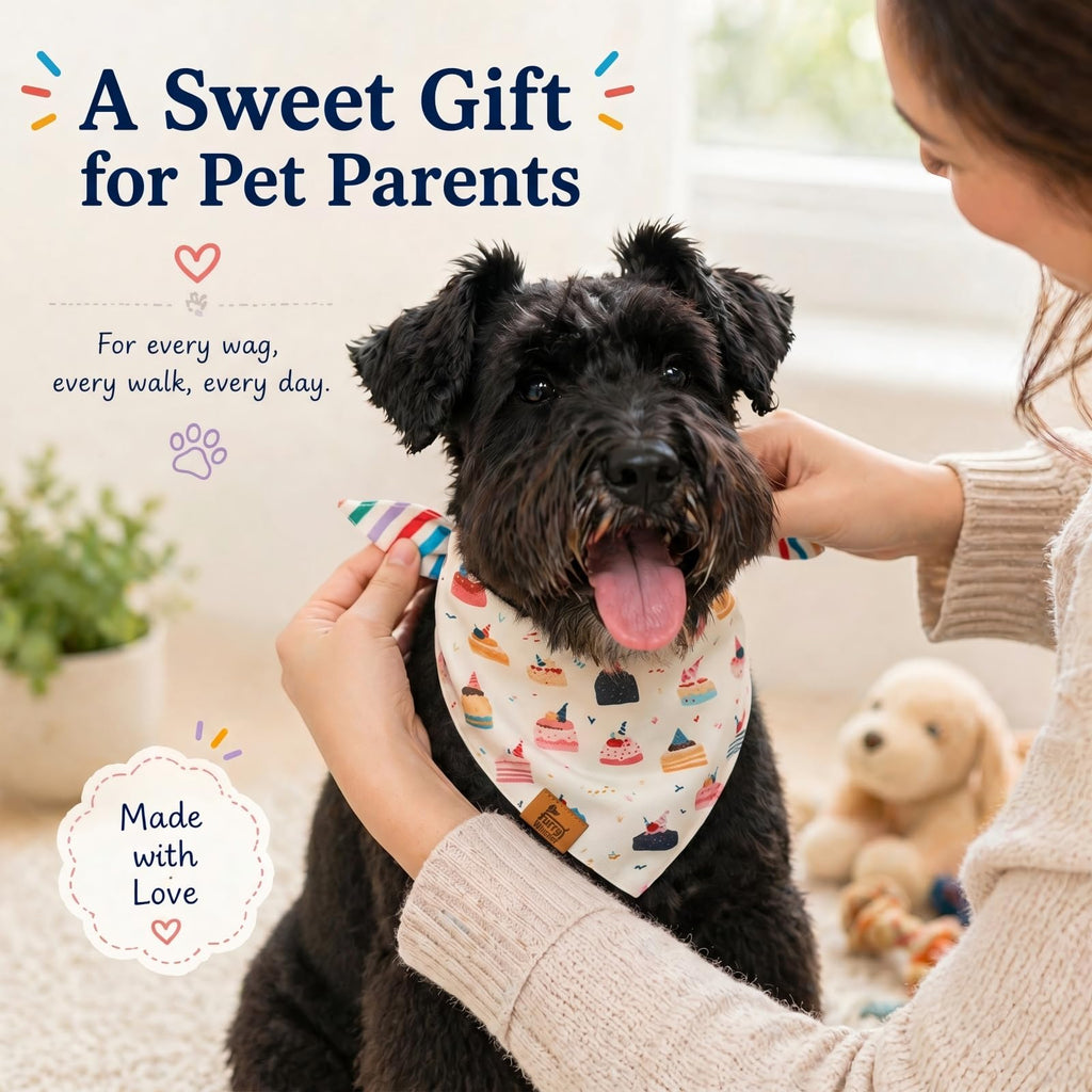 Furry Whisper Dog Birthday Bandana, Reversible Soft Breathable Adjustable Pet Scarf for Medium & Large Dogs, Party Photo Outfit for Boy or Girl, Colorful Cakes Stripes, M Fits Up to 18"