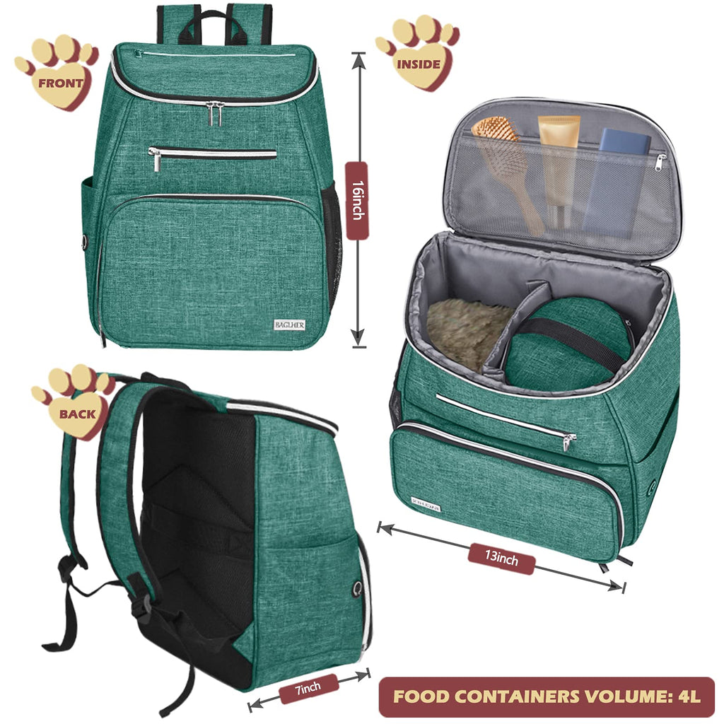 BAGLHER丨Dog Travel Bag Backpack, Airline Approved Pet Supplies Backpack, Dog Travel Bag with 2 Silicone Collapsible Bowls and 2 Food Baskets Green