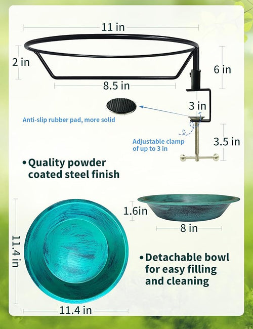 11.5" Deck Mounted Birdbath & Feeder, GreenYard Decor