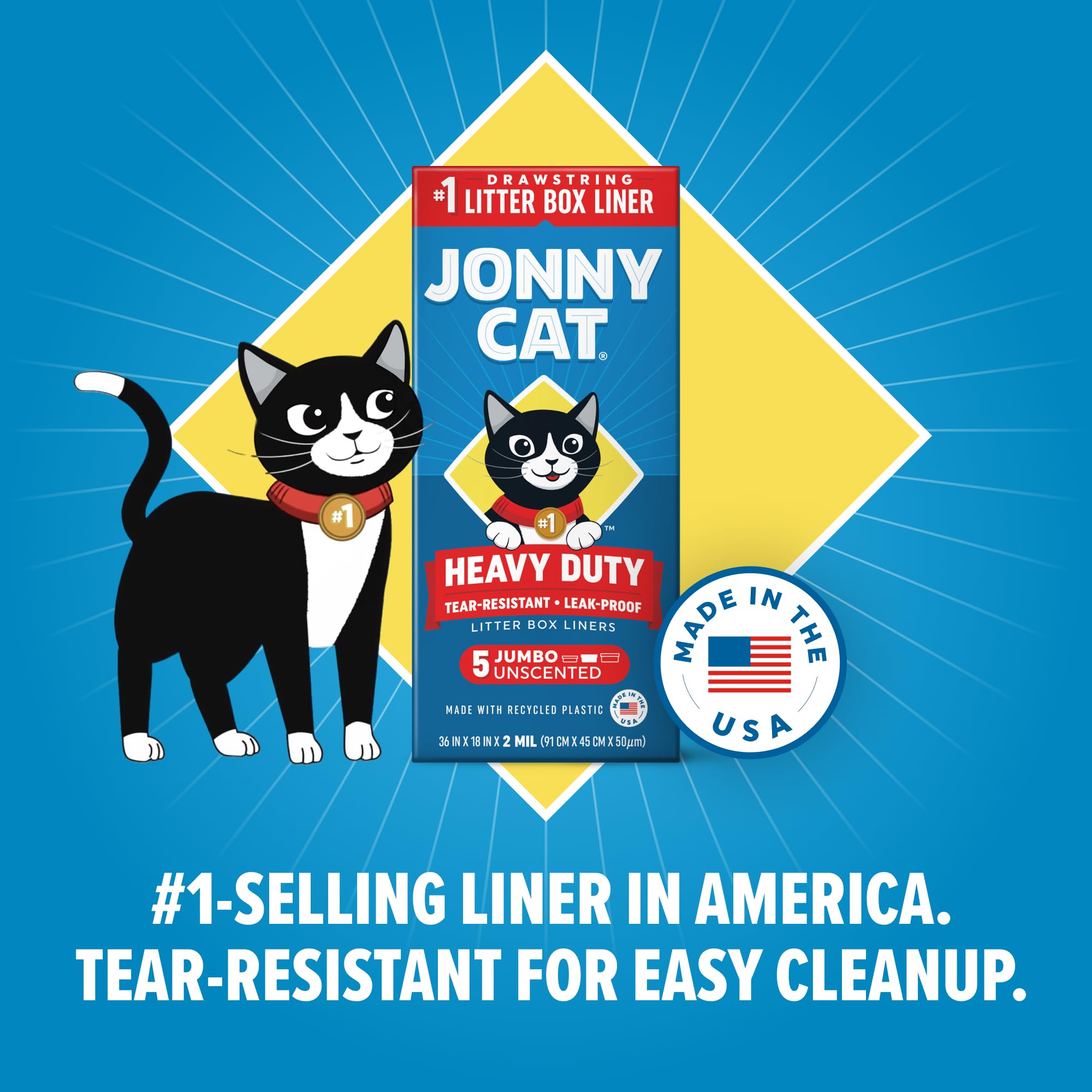 Jonny Cat Litter Box Liners: Heavy Duty - Tear & Leak Resistant - Drawstring Close - Jumbo, 5 Count