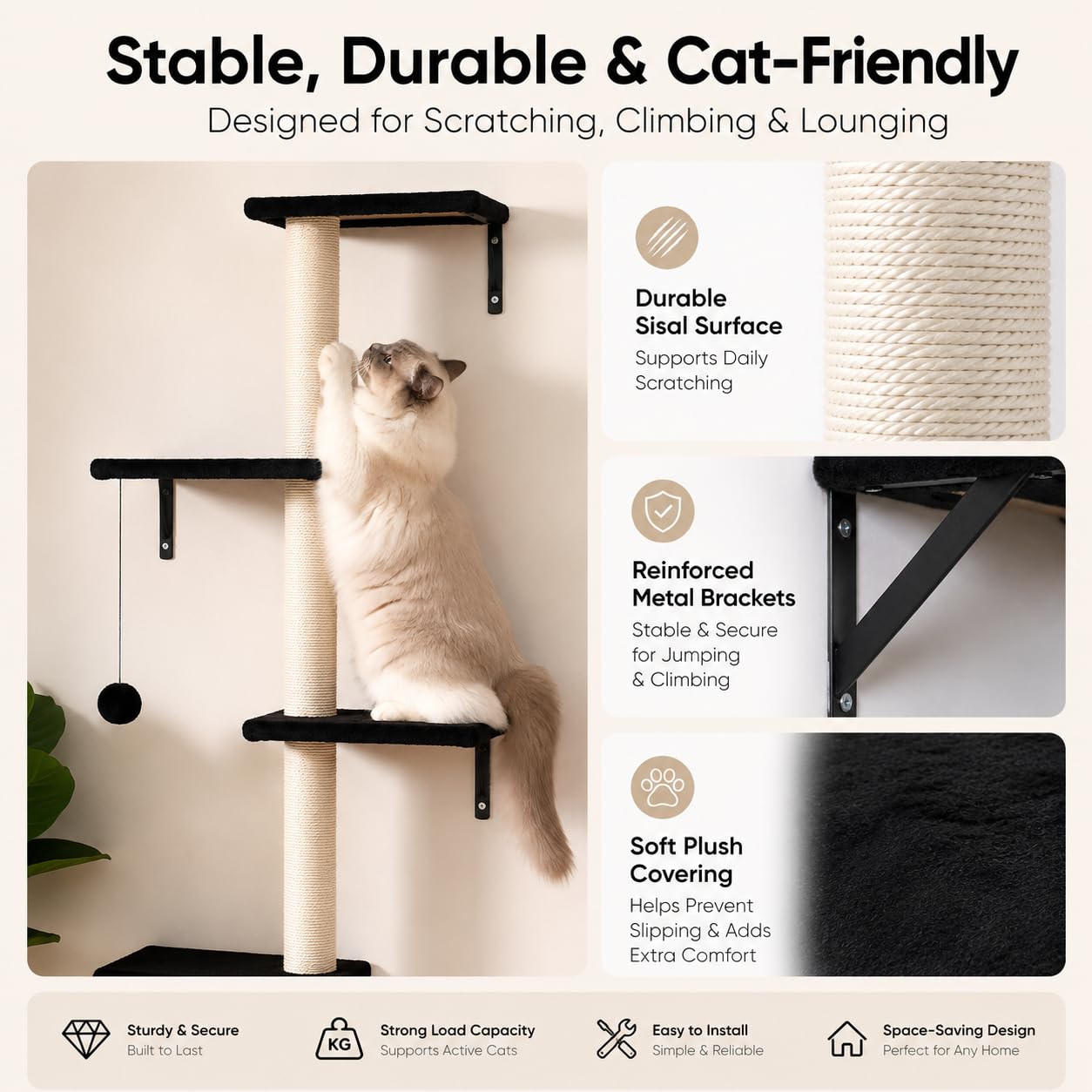 Modern Wall-Mounted Cat Furniture - 5pcs Cat Wall Shelves, Wooden Climber Includes House, Bridge, Tree, Steps, and Scratcher (Black)