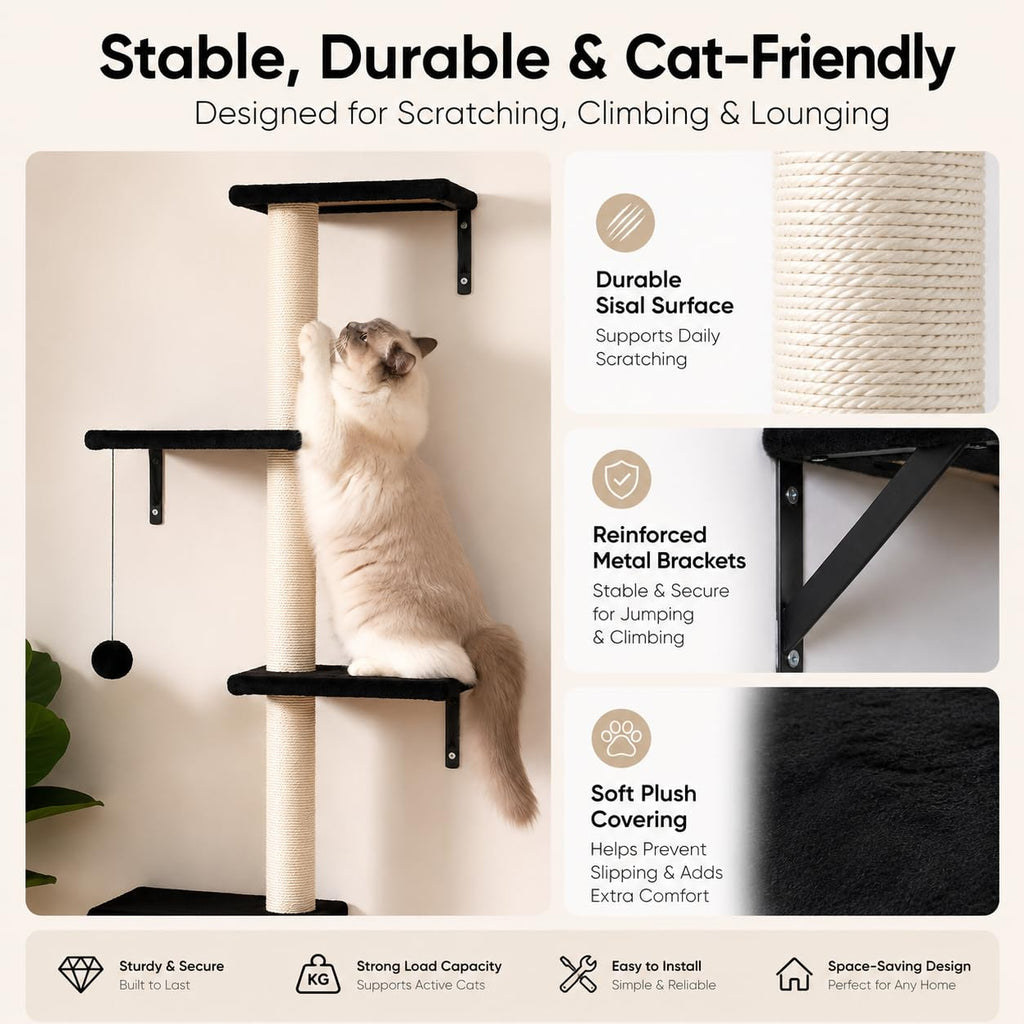 Modern Wall-Mounted Cat Furniture - 5pcs Cat Wall Shelves, Wooden Climber Includes House, Bridge, Tree, Steps, and Scratcher (Black)