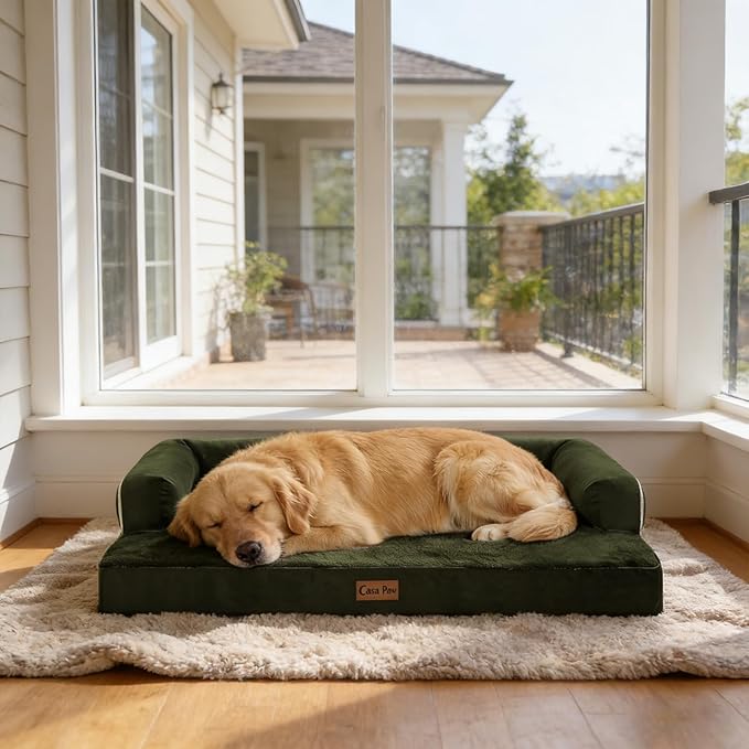 Orthopedic Dog Beds for Extra Large Dogs, Waterproof Egg Crate Foam XL Dog Bed with Sides 41x27Inch, Washable Big Dogs Couch Beds with Removable Cover and Nonskid Bottom, Olive Green