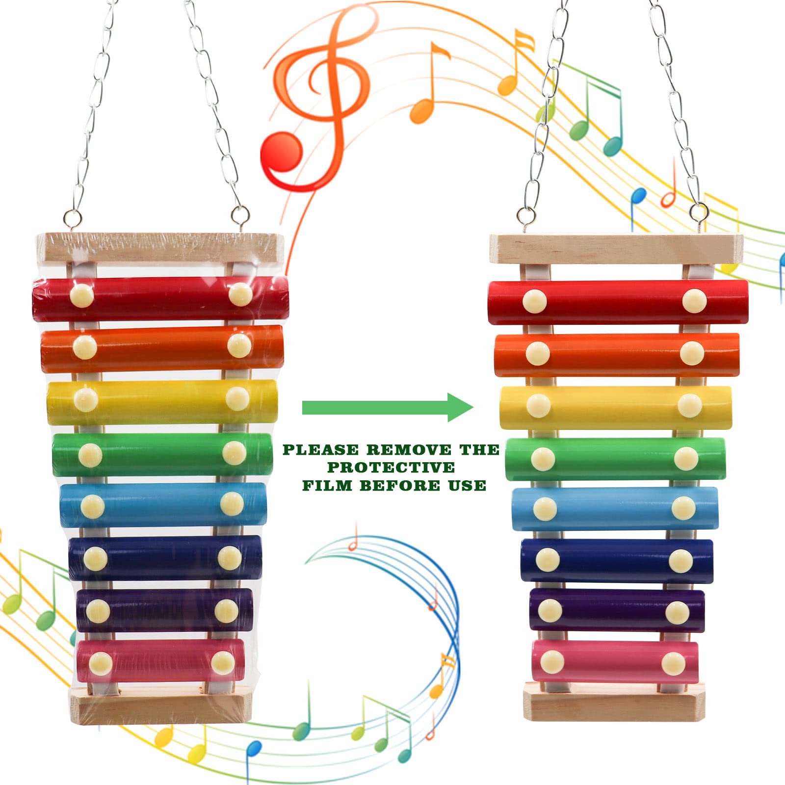Dnoifne Colorful Bird Xylophone Toy, Suspensible Funny Xylophone Toy with 8 Metal Keys, Cage Accessories for Chicken Birds Parrots Parakeets Cockatiels Budgies Love Birds