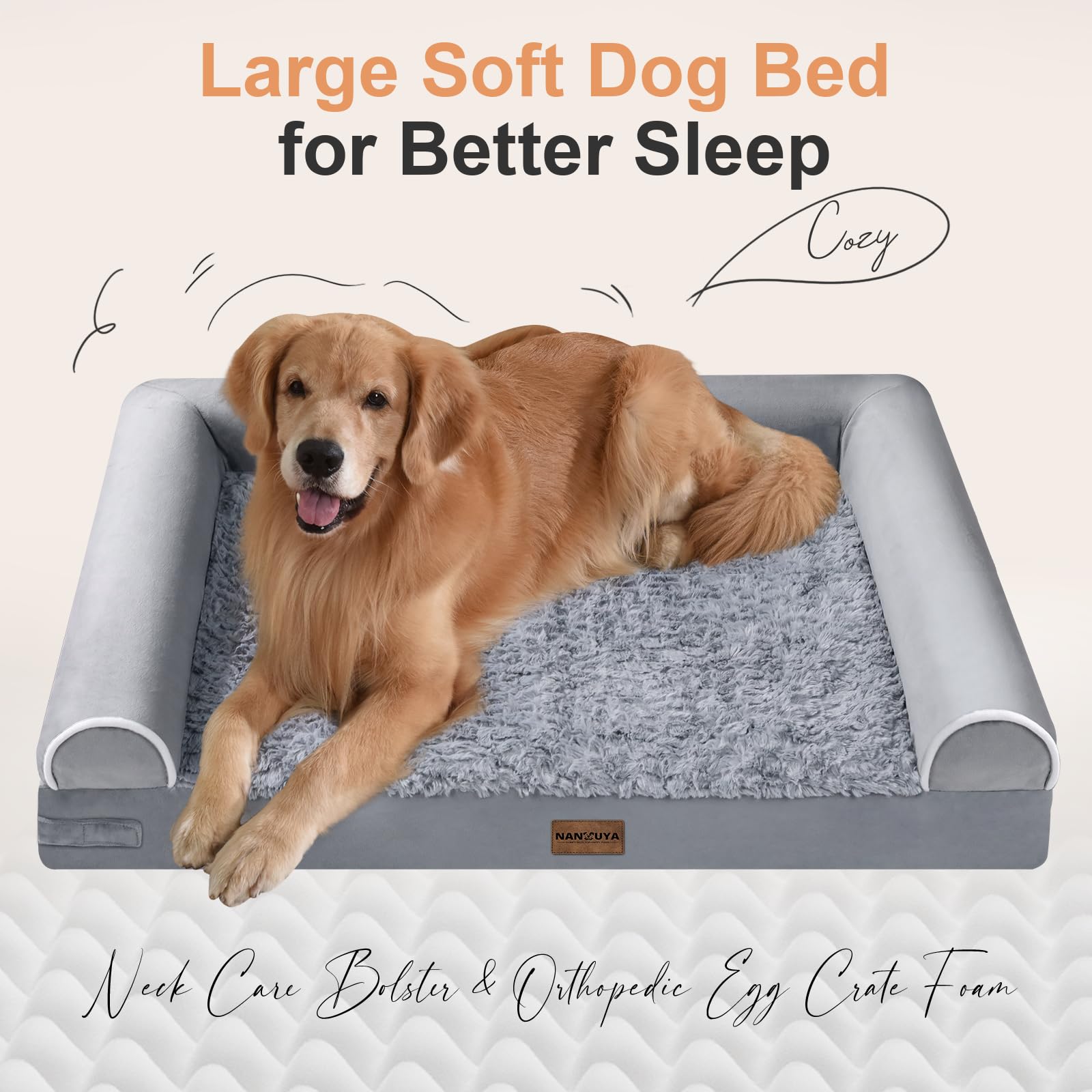NANUYA Orthopedic Dog Bed for Jumbo Dogs, 48 x 33 Inch, Light Grey