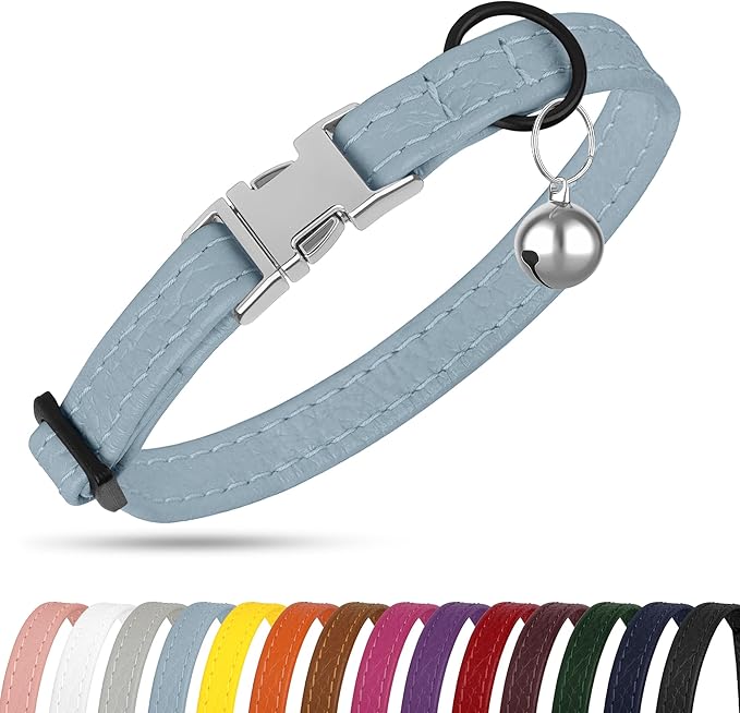 Leather Cat Collar with Buckle and Removable Bell - Non Breakaway Adjustable Soft Safety Small Pet Collars for Girl Boy Cats Kitten (Cornflower)
