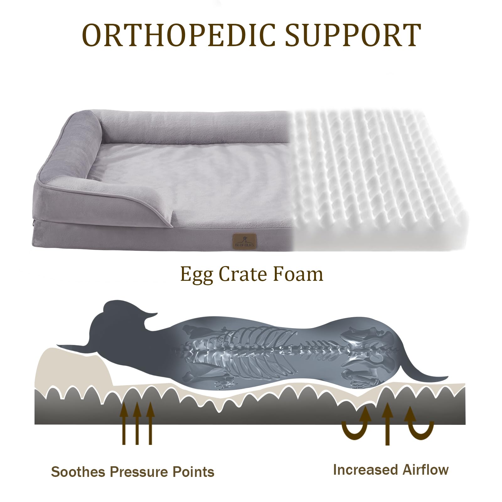 Bedfolks Orthopedic Dog Bed, Waterproof Dog Sofa Bed for Medium Dogs, Egg Foam Pet Couch Bed with Removable Washable Cover and Nonslip Bottom, Light Grey