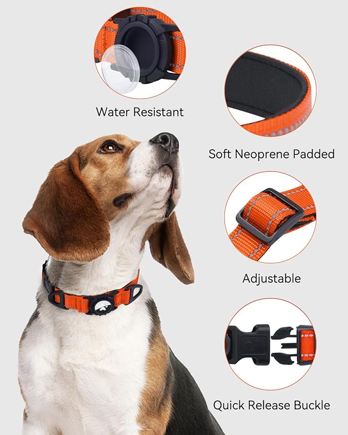 Joytale Airtag Dog Collar, Reflective Pet Collar with Waterproof AirTag Holder, Dual D-Rings, Soft Padded Adjustable for Extra Large Dogs, Orange, XL