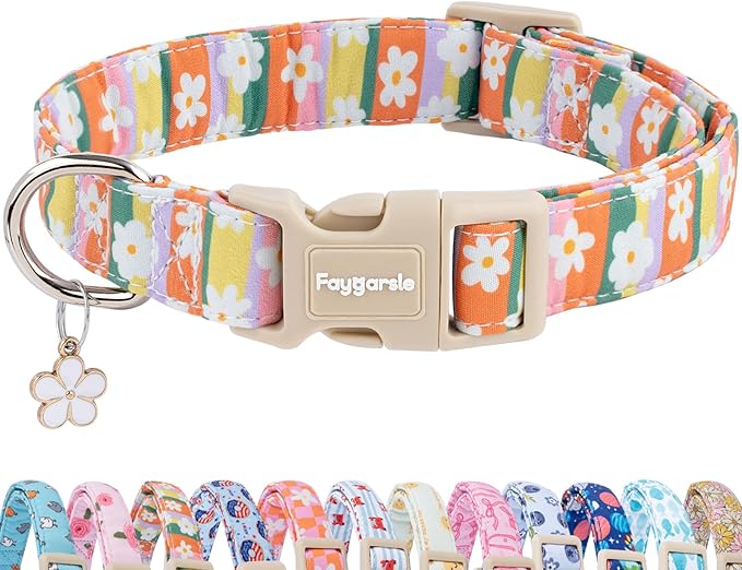 Faygarsle Colorful Floral Dog Collar, Cotton Fabric with Daisy Pattern, Multi-Color Stripes Spring Summer Design for Small Medium Large Dogs, XS
