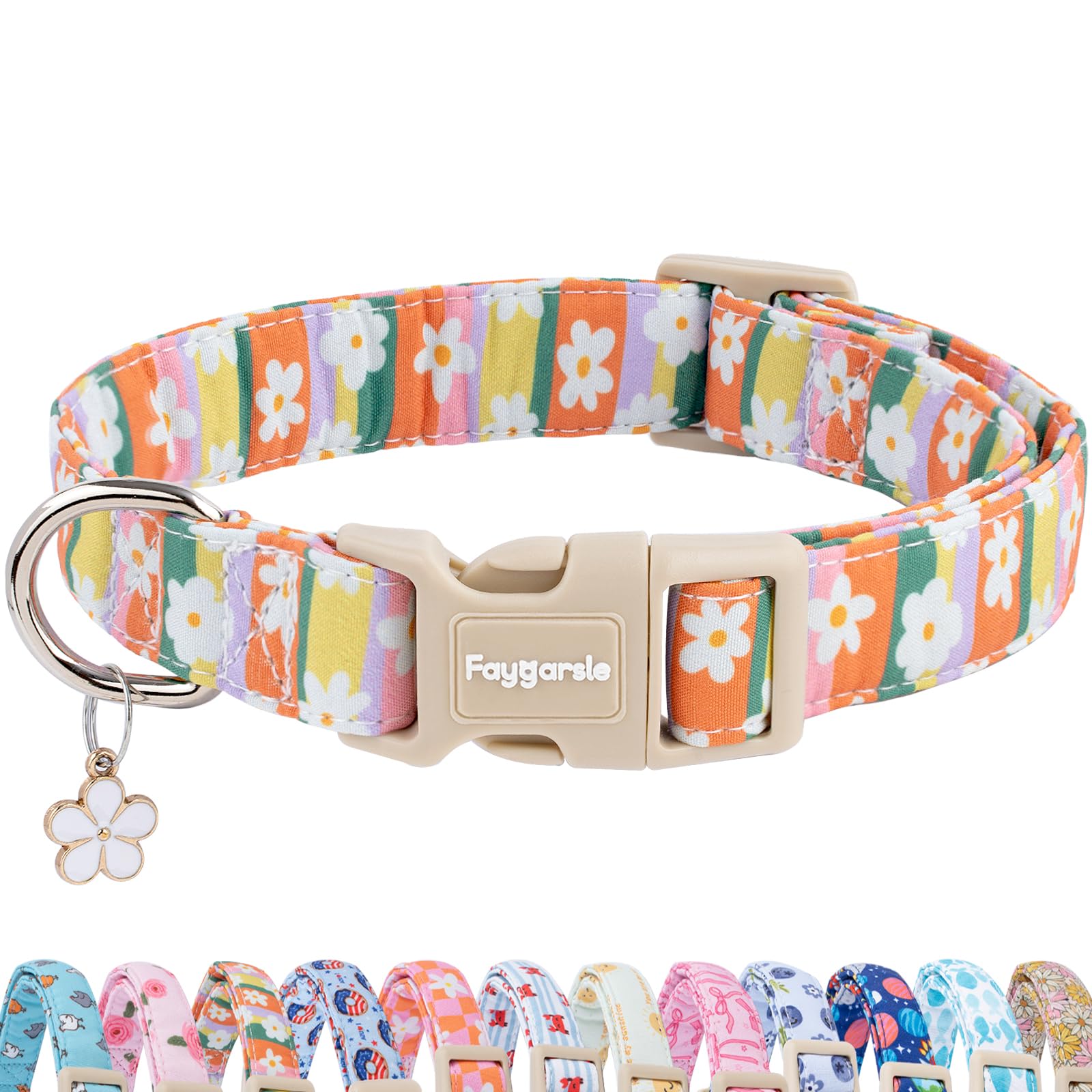Faygarsle Colorful Floral Dog Collar, Cotton Fabric with Daisy Pattern, Multi-Color Stripes Spring Summer Design for Small Medium Large Dogs, S