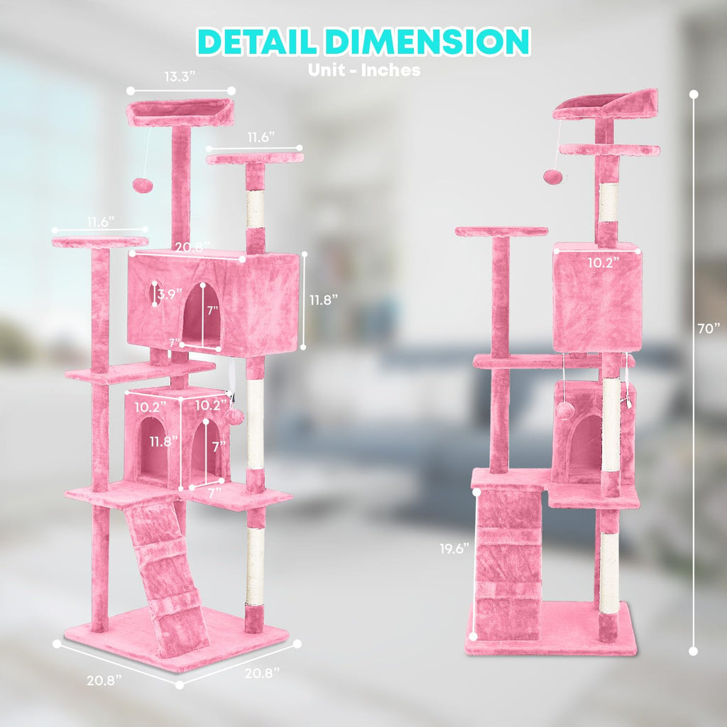 FDW | 70" Cat Tree Tower | Pink | Multi-Level Indoor Activity Center with Sisal Scratching Posts, Condos, Plush Perches, Hanging Cat Toys | Sturdy, Easy to Assemble | for Kittens & Adult Cats