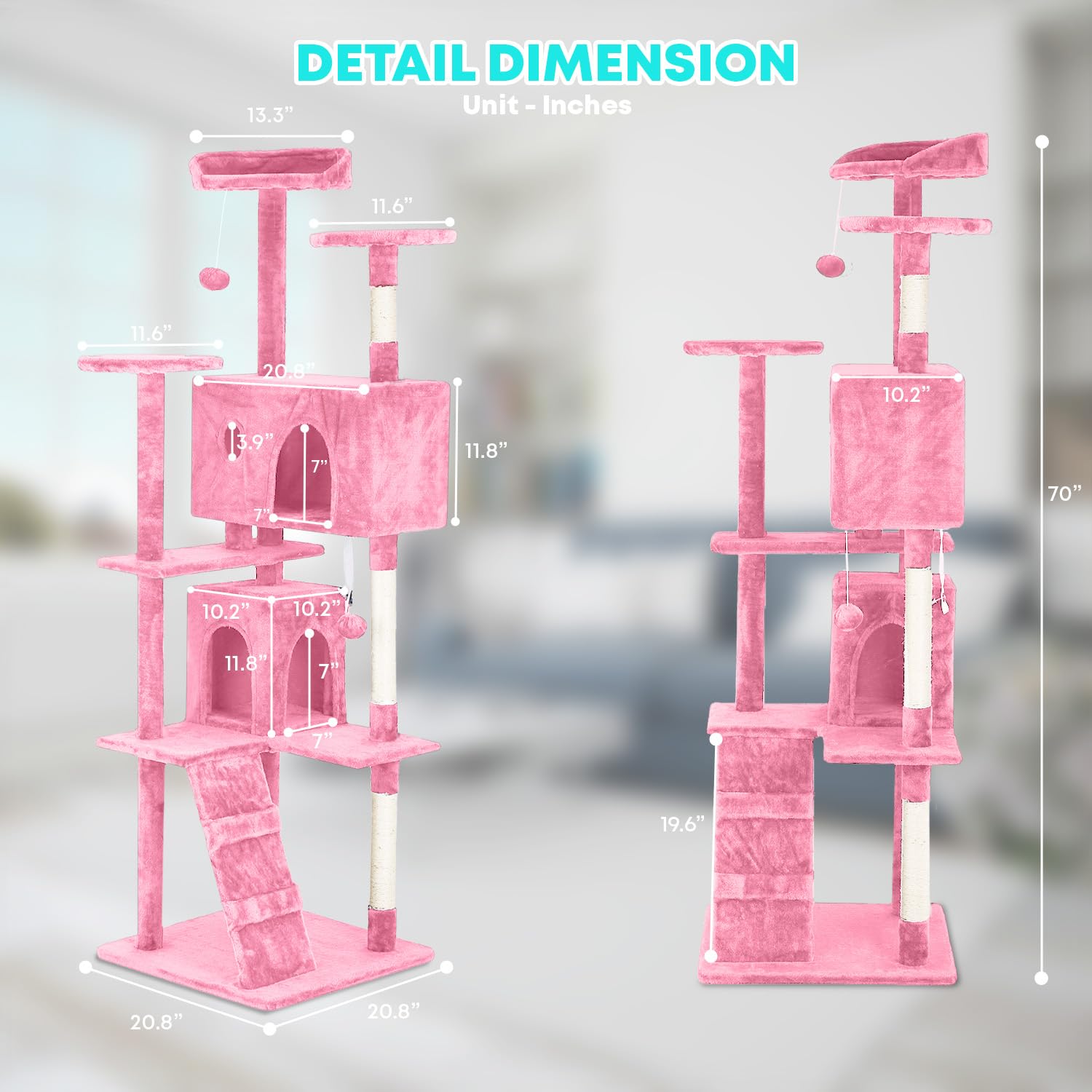 FDW | 70" Cat Tree Tower | Pink | Multi-Level Indoor Activity Center with Sisal Scratching Posts, Condos, Plush Perches, Hanging Cat Toys | Sturdy, Easy to Assemble | for Kittens & Adult Cats