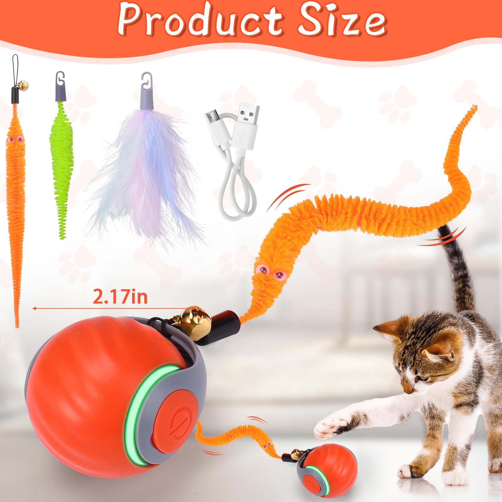 BABORUI Interactive Cat Toy Ball - Automatic Interactive Cat Toys for Indoor Cats with 3 Tails, 2 Speeds Rechargeable Enrichment Toys for Small/Medium/Large to Keep Them Busy (Orange)