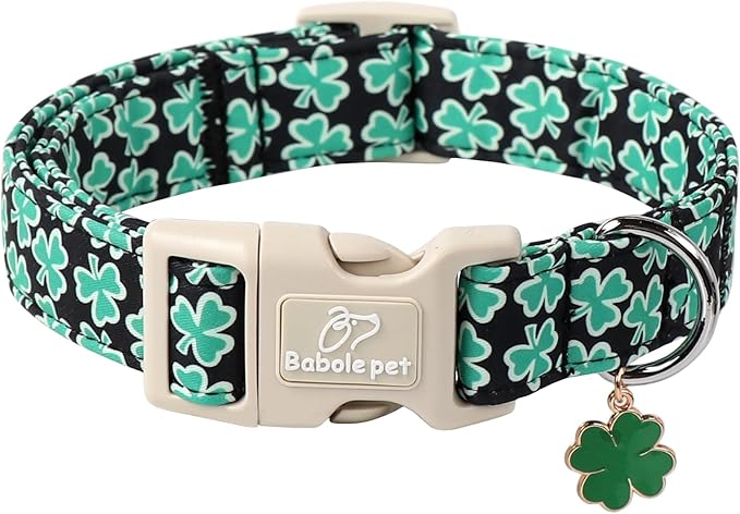 St Patricks Day Dog Collar for Small Dogs - Green Lucky Shamrock Boy Dog Collars, Irish Clover Pattern Black Male Puppy Collar with Quick Release Buckle S