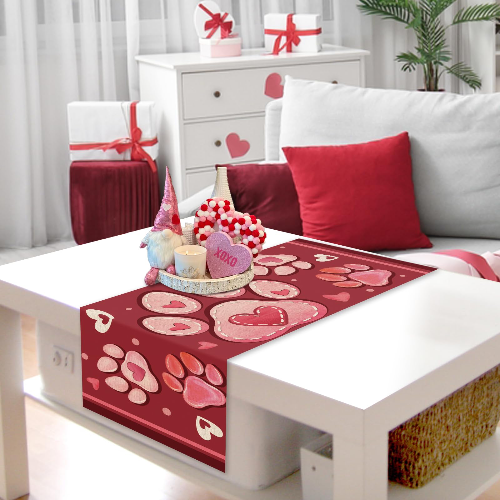 Croar Valentines Day Dog Cat Paw Prints Table Runner, Red Love Hearts