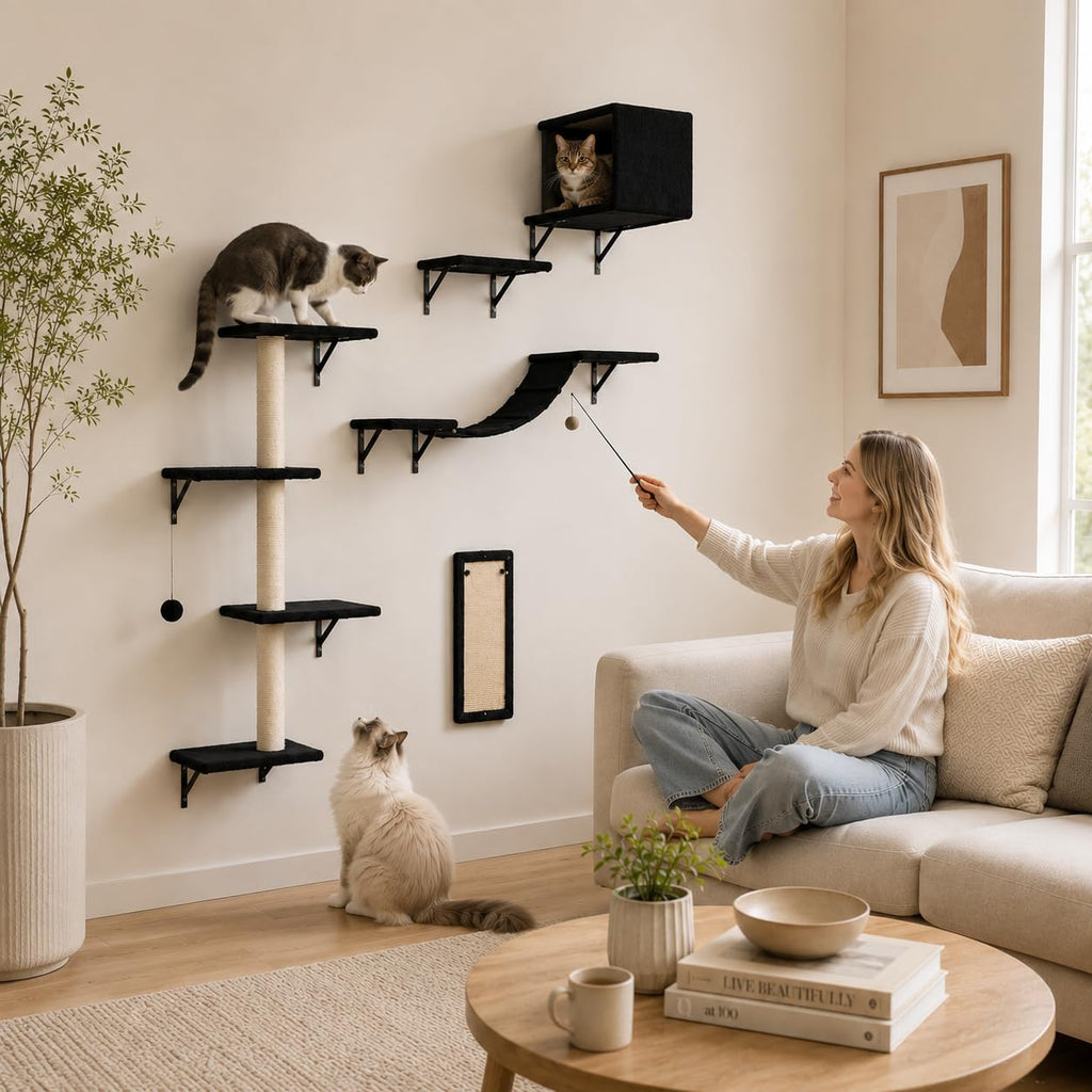 Modern Wall-Mounted Cat Furniture - 5pcs Cat Wall Shelves, Wooden Climber Includes House, Bridge, Tree, Steps, and Scratcher (Black)