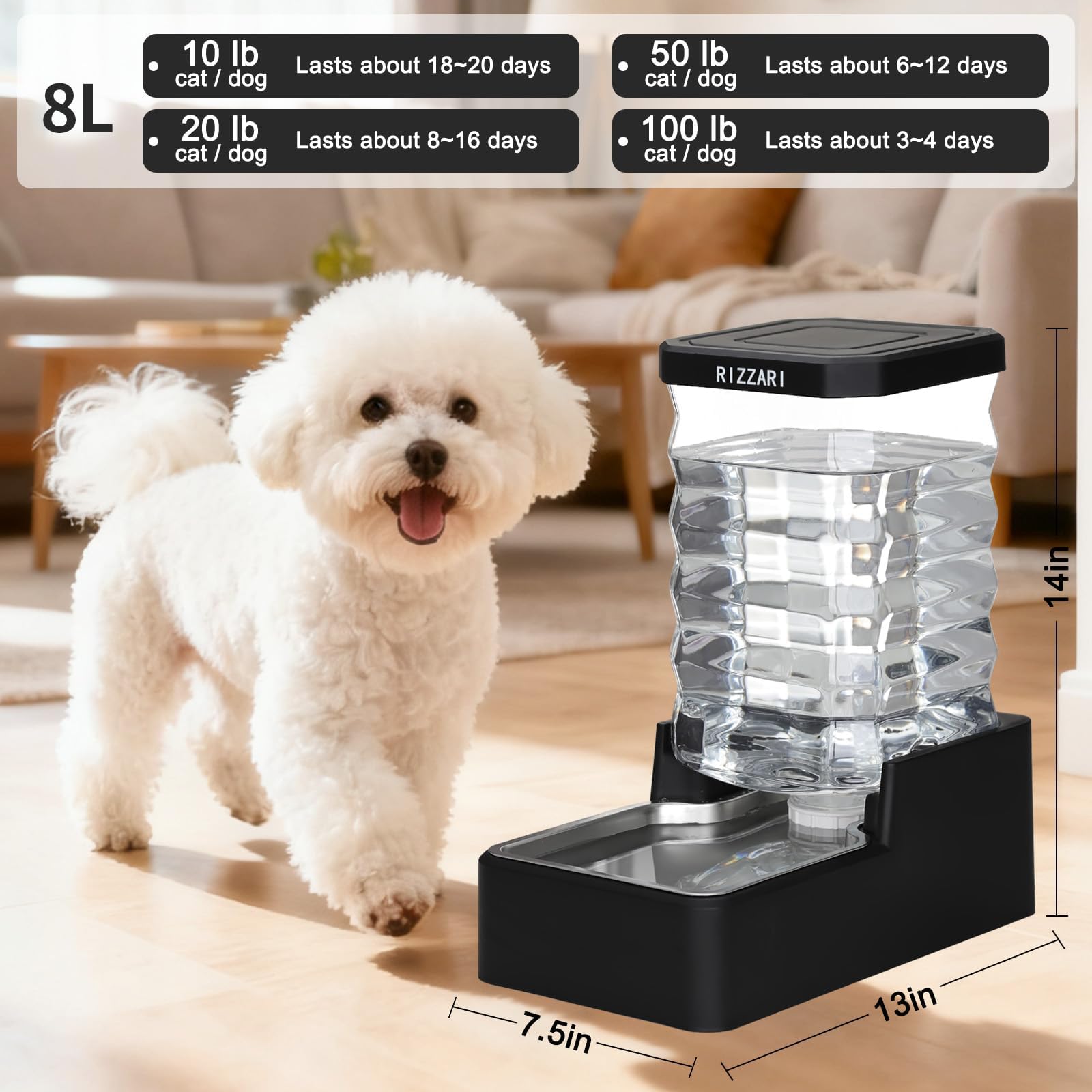 RIZZARI 8L Gravity Dog Water Dispenser:Easy Care No Filter Design