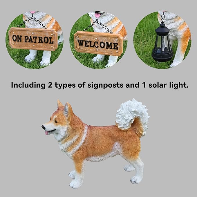 UNOIRNM Akita Statue Outdoor Decorations – Dog Statues Outdoor Standing Yellow Akita with Replaceable Solar Light & Welcome Sign for Porch Décor