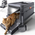 Powools Stainless Steel Enclosed Cat Litter Box, Elevated Step Box, Grey
