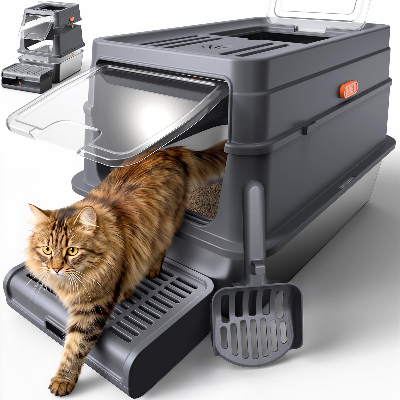 Powools Stainless Steel Enclosed Cat Litter Box, Elevated Step Box, Grey